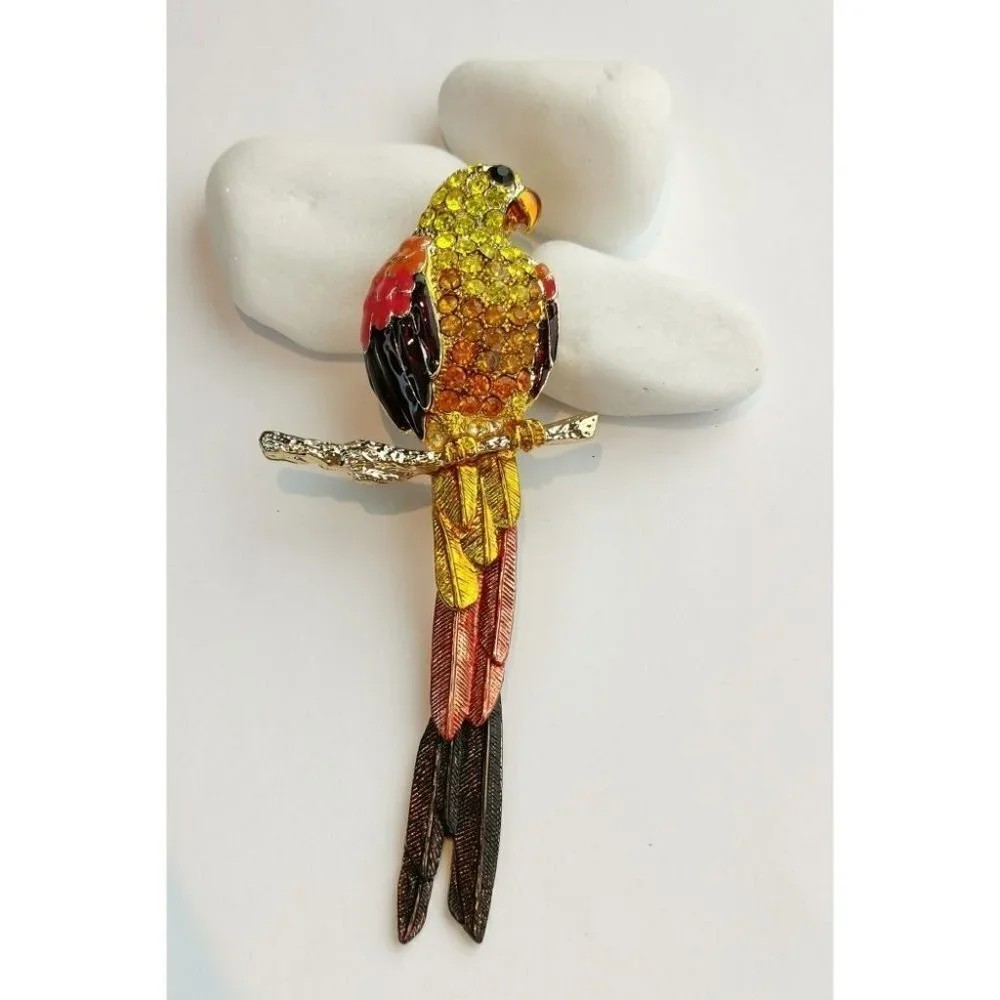 Parrot Bird Statement brooch pin Colourful Enamel Crystal